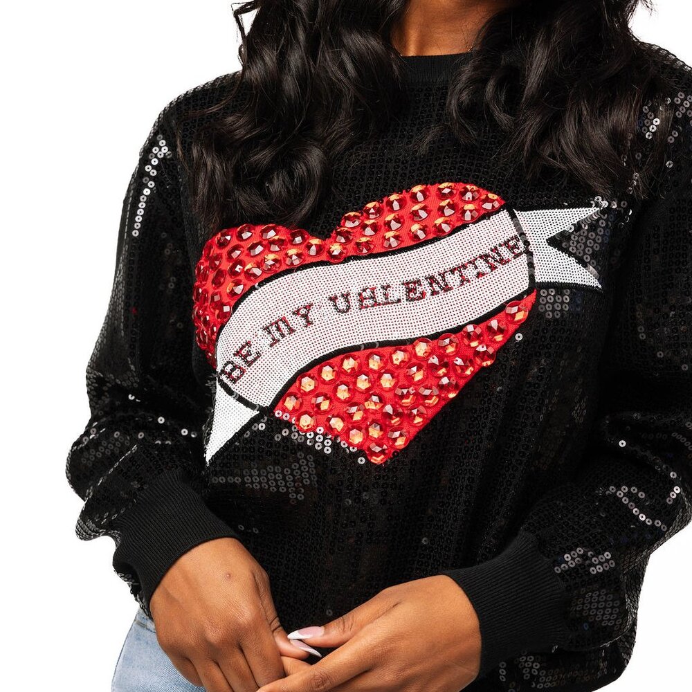 NWT Queen of Sparkles Black Full Sequin “Be My Valentine” Jeweled Heart Sweater - Picture 3 of 4